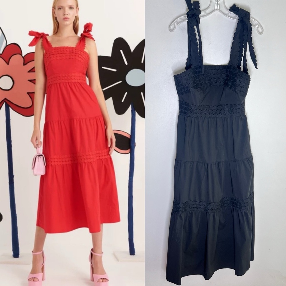 CeliaB Tie-Shoulder Eyelet Tiered Midi Dress in Red and Navy
